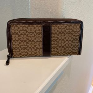 Coach Brown Accordion Zip Around Wallet in Signature Canvas and Leather